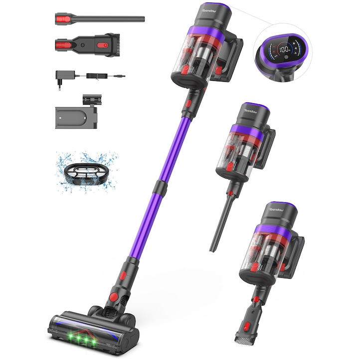 Aspirator Vertical 3 In 1, SeveShop® Teendow V20, Aspirator Fara Fir 500 W, Aspirator Vertical Cu Ecran Digital Si 3 Moduri De Curatare, Filtru HEPA In Mai Multe Etape, Capacitate 1.4 L, Autonomie Pana La 30 Min, Curatare Uscata Si Umeda, Aspirator Alb