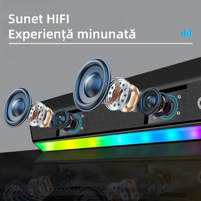 Difuzor bar, Bluetooth 5.3, iluminare RGB, TWS, FM, TF, AUX, USB, 1200mAh, calitate sunet HIFI, stereo, negru