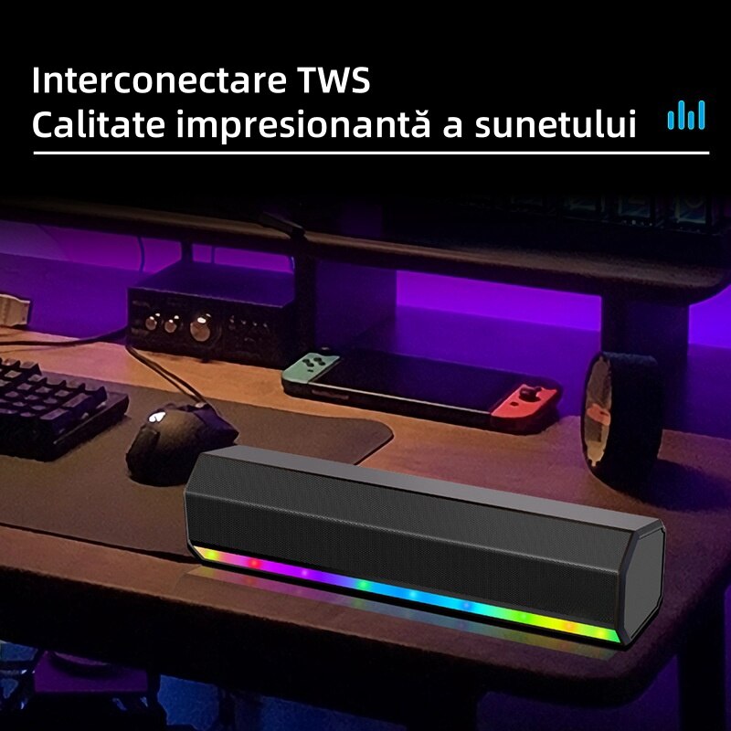 Difuzor bar, Bluetooth 5.3, iluminare RGB, TWS, FM, TF, AUX, USB, 1200mAh, calitate sunet HIFI, stereo, negru