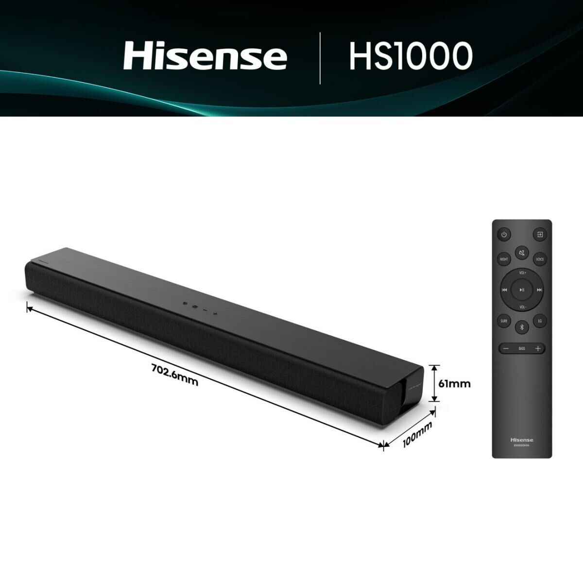Bara de sunet, Hisense, HS1000, 120W, negru, conectivitate Bluetooth 5.3, intrare AUX, suport montare pe perete, telecomanda inclusa