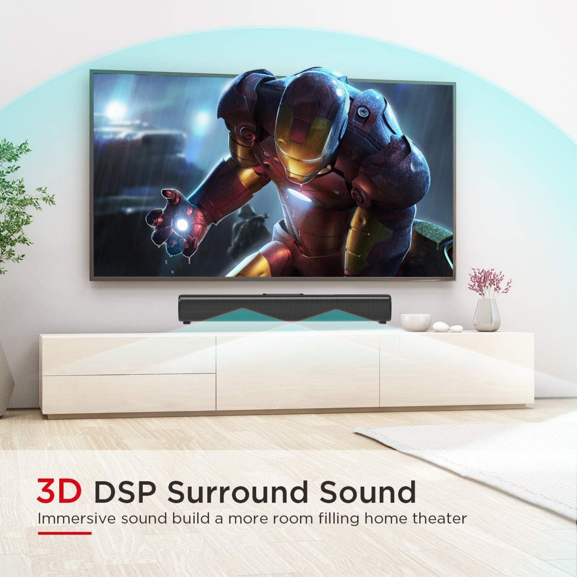 Bara de sunet inteligenta, Bluetooth 5.0, putere 50 W, montata pe perete, USB, subwoofer, telecomanda cu infrarosu, comunicare hands-free, compact si portabil, negru