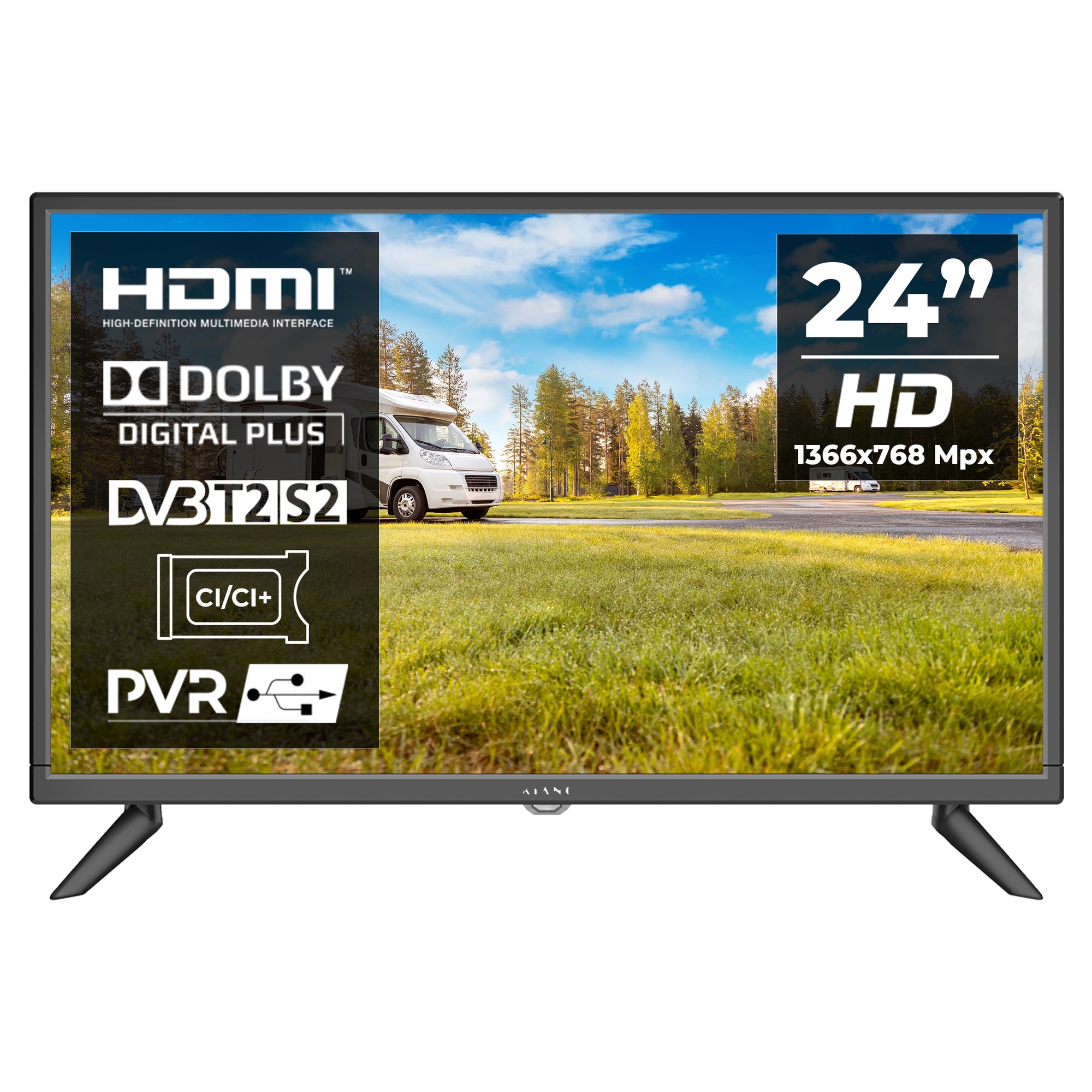 Kiano Slim TV Travel Televizor 24" inch | LED HD TV 1366 x 768 |60 cm | Incarcator auto | HDMI USB | Dolby Audio | Tuner Triplu DVB-T2 - Cel mai bun pentru camioane si rulote
