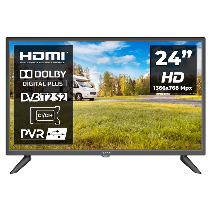 Kiano Slim TV Travel Televizor 24" inch | LED HD TV 1366 x 768 |60 cm | Incarcator auto | HDMI USB | Dolby Audio | Tuner Triplu DVB-T2 - Cel mai bun pentru camioane si rulote