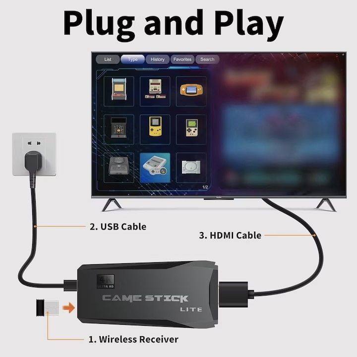 Consola Retro, 25000+ jocuri, 4K HDMI, 2 controlere wireless 2.4G, Negru, 128GB