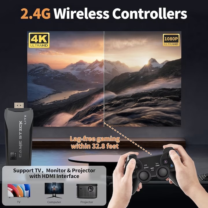 Consola Retro, 25000+ jocuri, 4K HDMI, 2 controlere wireless 2.4G, Negru, 128GB