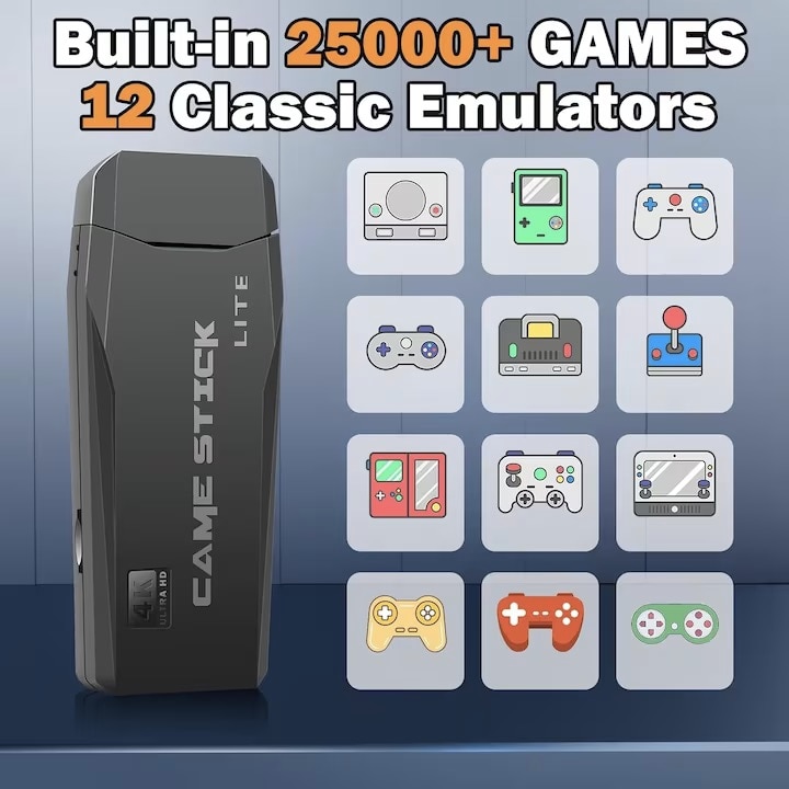 Consola Retro, 25000+ jocuri, 4K HDMI, 2 controlere wireless 2.4G, Negru, 128GB