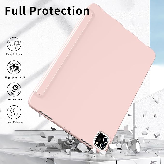 Husa de protectie pentru tableta, potrivita pentru iPad Air 11-inch M2 2024, Pro 11-inch, Air 4 si 5 generatii, functie automata trezire/sleep, Roz