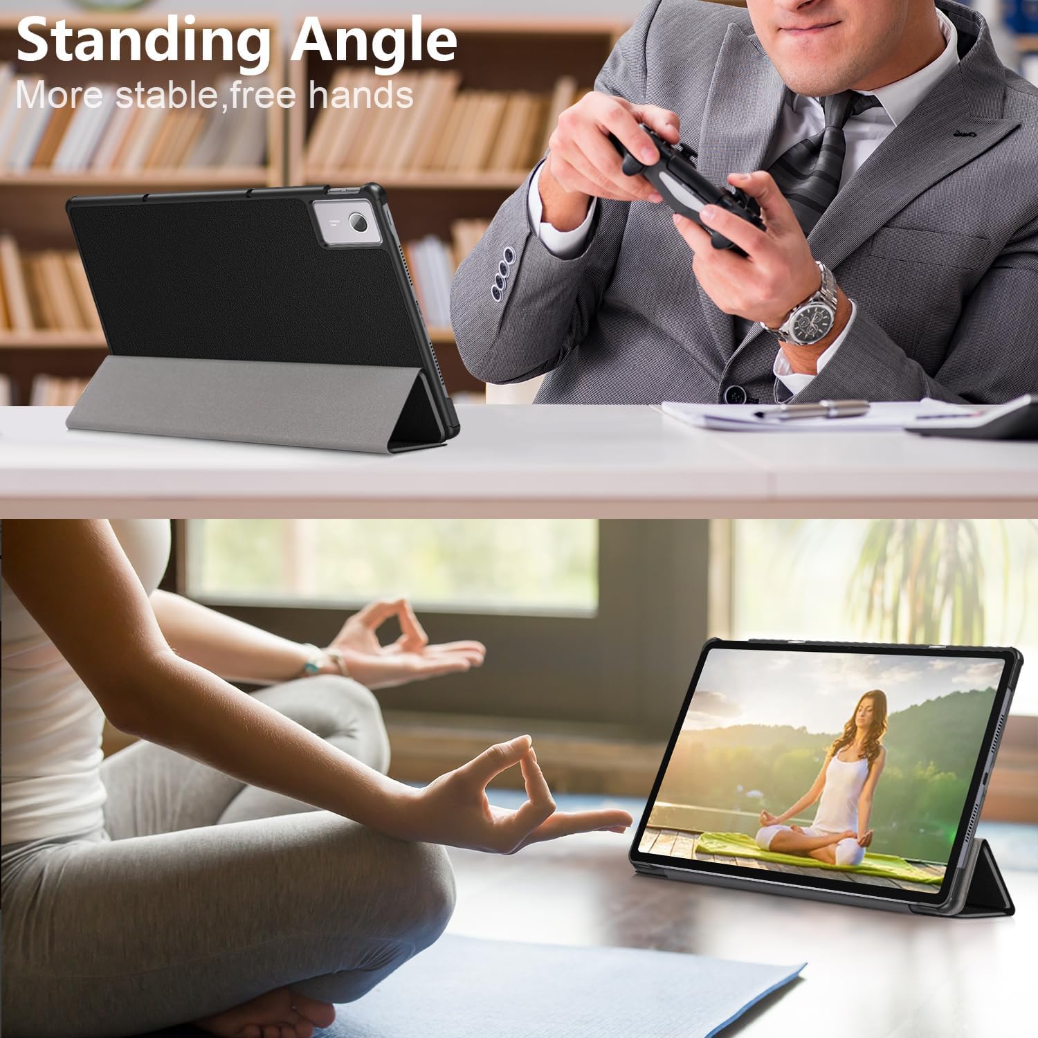 Husa Tableta Slim Trifold Aiyando, compatibil cu Lenovo Idea Tab Plus 12.1 inch, Auto Sleep/Wake, Negru