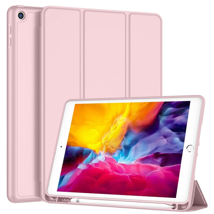 Husa tip Carte cu Suport Pix pentru Apple iPad 5/6, iPad 2017/2018, iPad Air 1/2, 9.7 inch,, Protectie completa, Pliabila, Roz