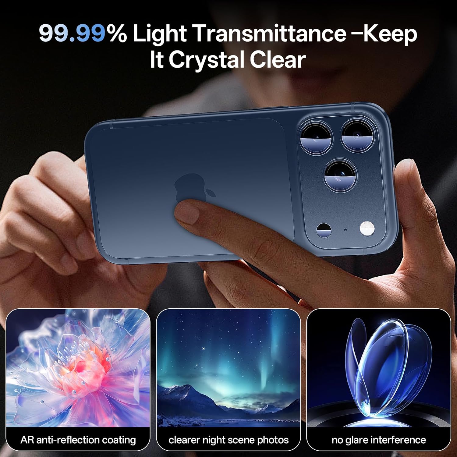 Folie Protectie Camera compatibila cu iPhone 17 Pro Max, Omelivon, Full Cover, Protectie Profesionala, Sticla temperata 9H, Ultra HD, Anti Amprente, Anti Zgarieturi, Anti Socuri, Albastru inchis