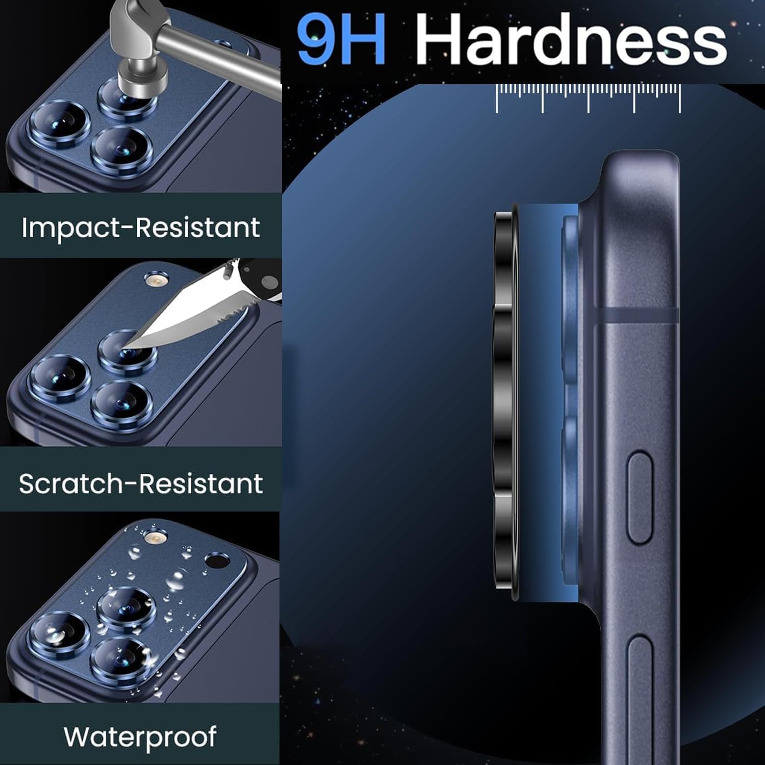 Folie Protectie Camera compatibila cu iPhone 17 Pro Max, Omelivon, Full Cover, Protectie Profesionala, Sticla temperata 9H, Ultra HD, Anti Amprente, Anti Zgarieturi, Anti Socuri, Albastru inchis