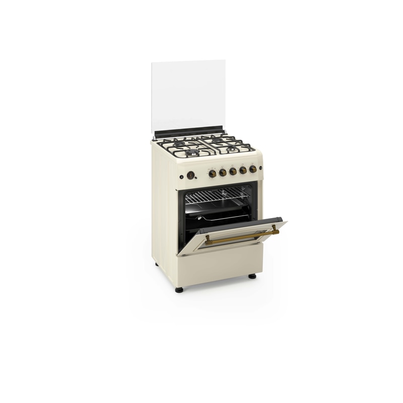 Aragaz rustic 4 arzatoare gaz, Cuptor pe gaz, 60x60cm, Studio Casa SIERRA VIVA, Rotisor, Grill gaz, Ventilatie Turbo, gratare fonta, culoare crem