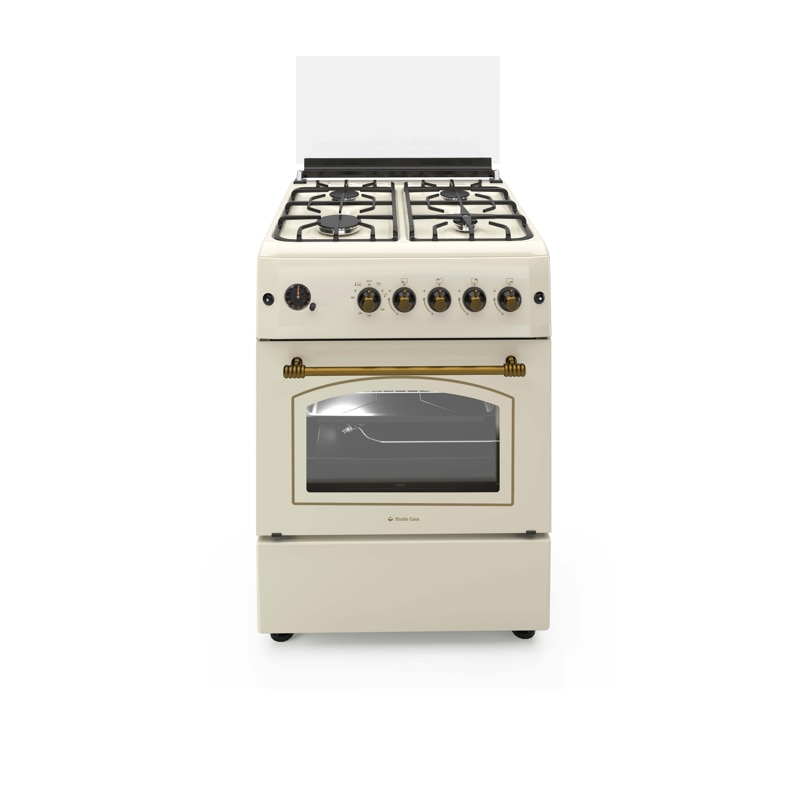 Aragaz rustic 4 arzatoare gaz, Cuptor pe gaz, 60x60cm, Studio Casa SIERRA VIVA, Rotisor, Grill gaz, Ventilatie Turbo, gratare fonta, culoare crem