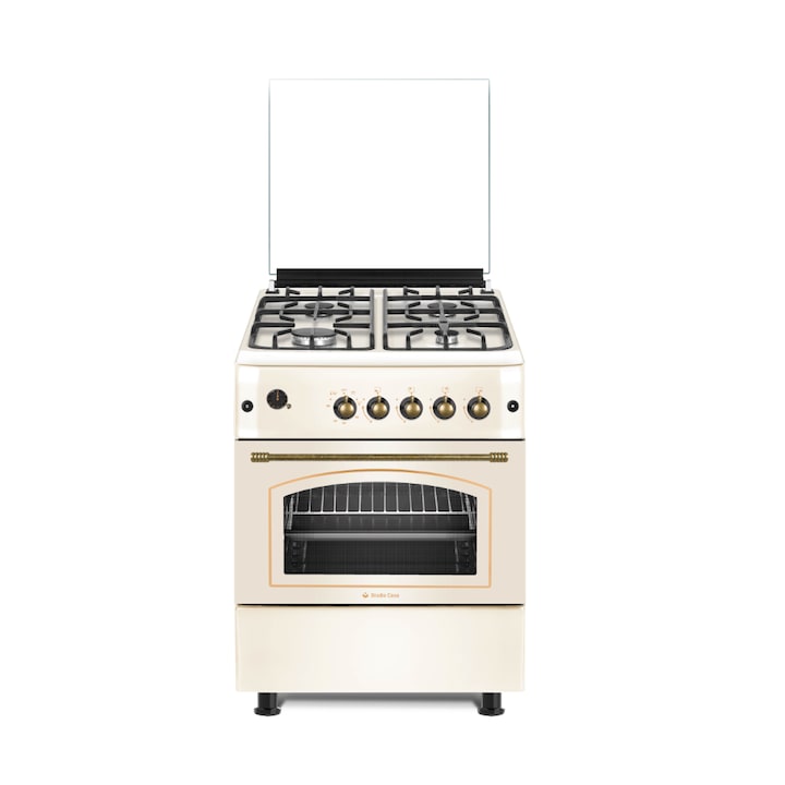 Aragaz rustic 4 arzatoare gaz, Cuptor pe gaz, 60x60cm, Studio Casa SIERRA VIVA, Rotisor, Grill gaz, Ventilatie Turbo, gratare fonta, culoare crem
