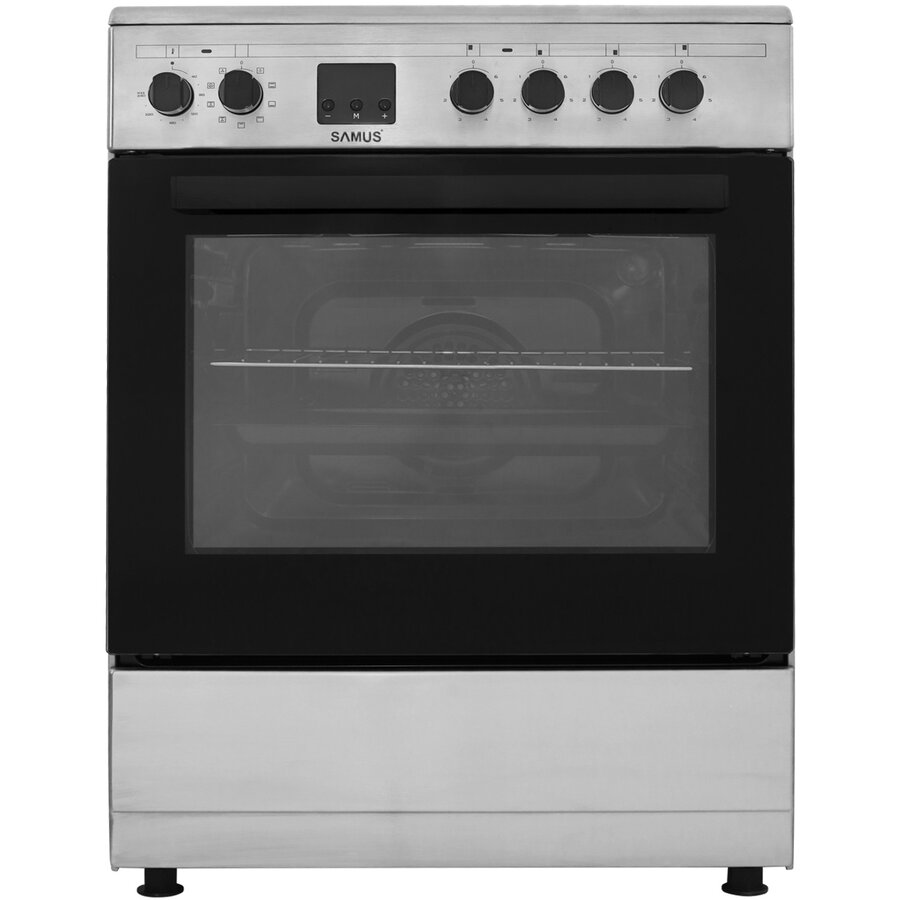 Aragaz electric Samus SM664VTE INOX, Plita vitroceramica, 4 zone de gatit, 10 functii cuptor, Grill, Convectie 3D, 56 L, Timer, 59.8x61 cm, Inox
