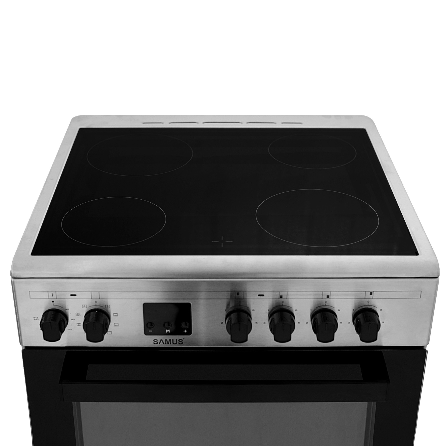 Aragaz electric Samus SM664VTE INOX, Plita vitroceramica, 4 zone de gatit, 10 functii cuptor, Grill, Convectie 3D, 56 L, Timer, 59.8x61 cm, Inox