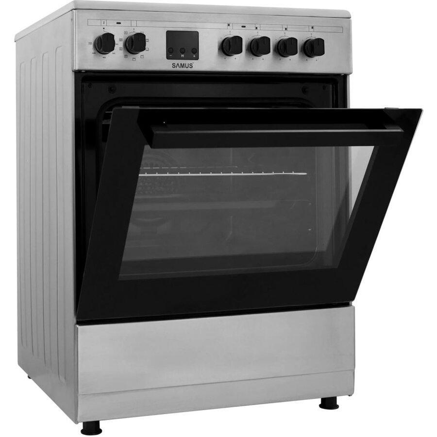 Aragaz electric Samus SM664VTE INOX, Plita vitroceramica, 4 zone de gatit, 10 functii cuptor, Grill, Convectie 3D, 56 L, Timer, 59.8x61 cm, Inox