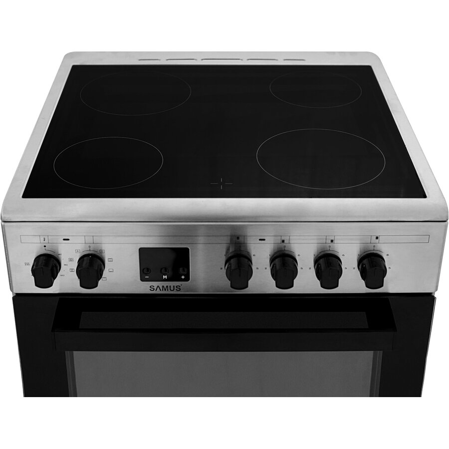 Aragaz electric Samus SM664VTE INOX, Plita vitroceramica, 4 zone de gatit, 10 functii cuptor, Grill, Convectie 3D, 56 L, Timer, 59.8x61 cm, Inox