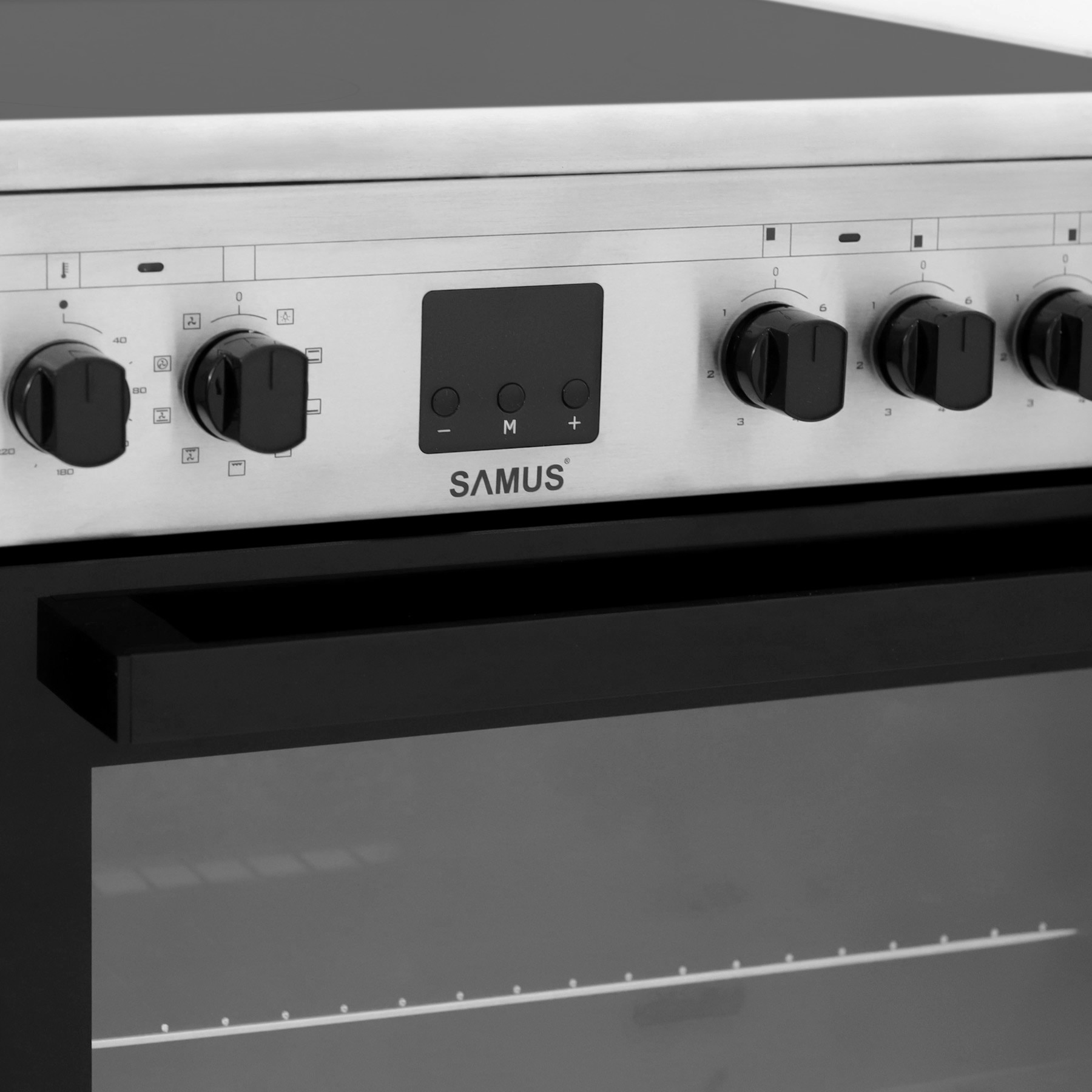 Aragaz electric Samus SM664VTE INOX, Plita vitroceramica, 4 zone de gatit, 10 functii cuptor, Grill, Convectie 3D, 56 L, Timer, 59.8x61 cm, Inox