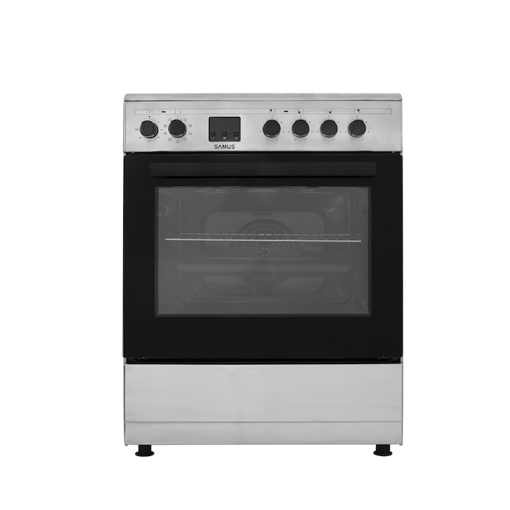 Aragaz electric Samus SM664VTE INOX, Plita vitroceramica, 4 zone de gatit, 10 functii cuptor, Grill, Convectie 3D, 56 L, Timer, 59.8x61 cm, Inox