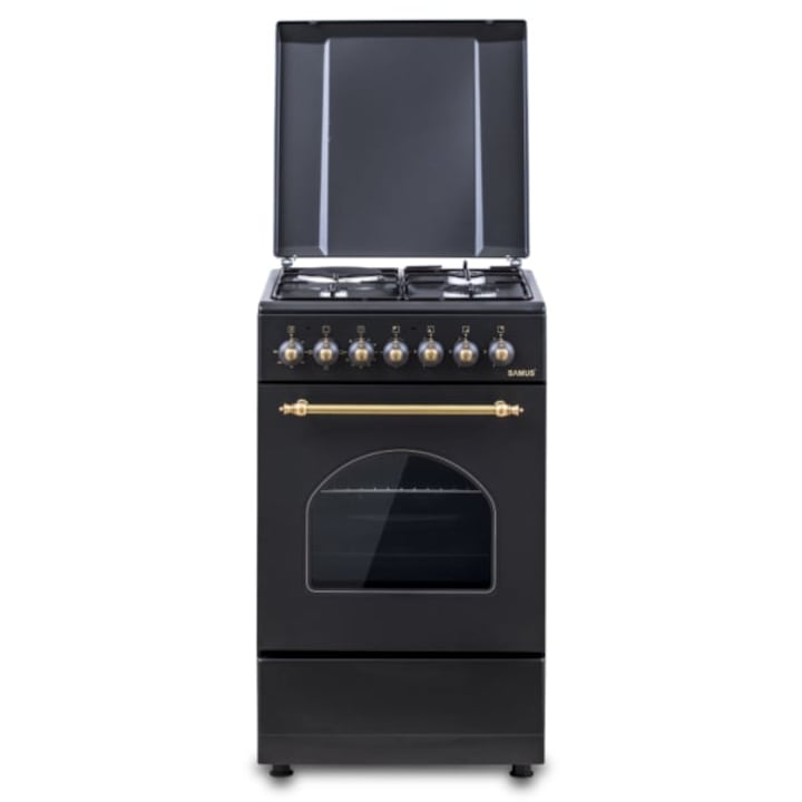 Aragaz mixt Samus, 3 plite pe gaz + 1 electric, cuptor electric 48L, capacitate 2200W, 60cm, design rustic