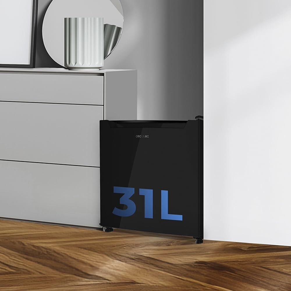 Mini frigider 2in1 Cecotec, Bolero CoolMarket TT Dual, 31 litri, termostat reglabil -16~5ºC, functie duala racire/congelare, inchidere ermetica, zgomot redus, dezghetare manuala, raft din sticla cu inaltime ajustabila, design modern, finisaj lucios, negru