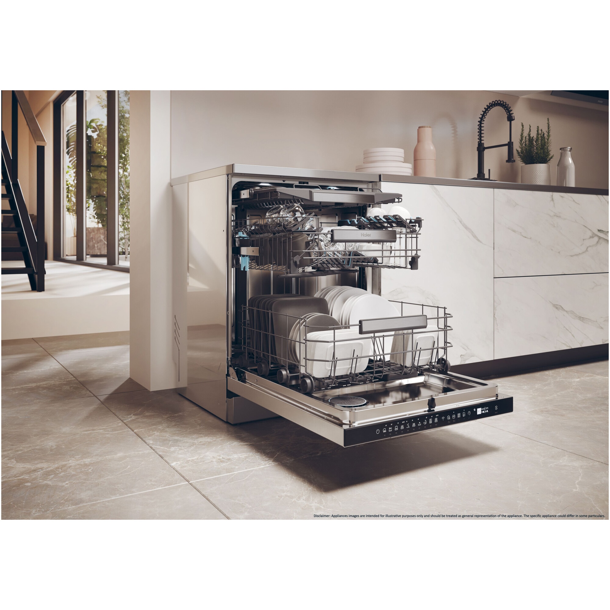 Masina de spalat vase incorporabila Haier XF 4A4M4PDX, 14 seturi, 10 programe, Motor Inverter, WiFi, Ultra Dry, Total water block, 60 cm