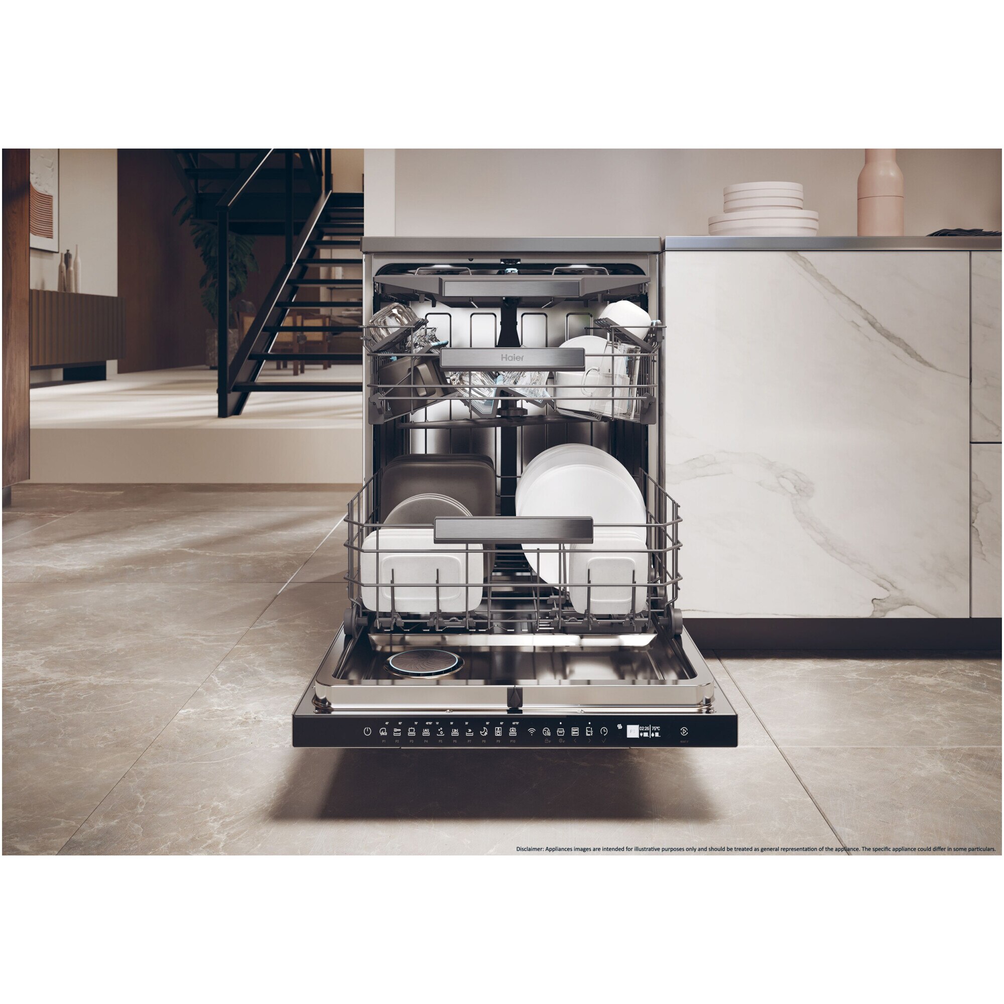 Masina de spalat vase incorporabila Haier XF 4A4M4PDX, 14 seturi, 10 programe, Motor Inverter, WiFi, Ultra Dry, Total water block, 60 cm