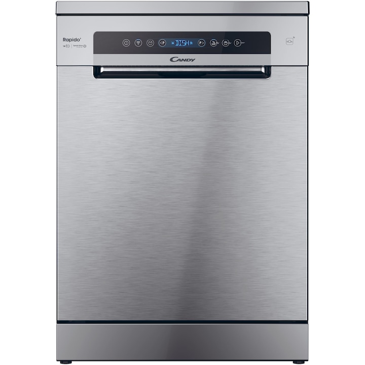 Masina de spalat vase Candy Rapido CF 4C6F0X, 14 seturi, 8 programe, Clasa C, Wi-Fi, Wash & Dry 35', Motor Speed-Drive Inverter, Automatic Open Door, 60 cm, Inox