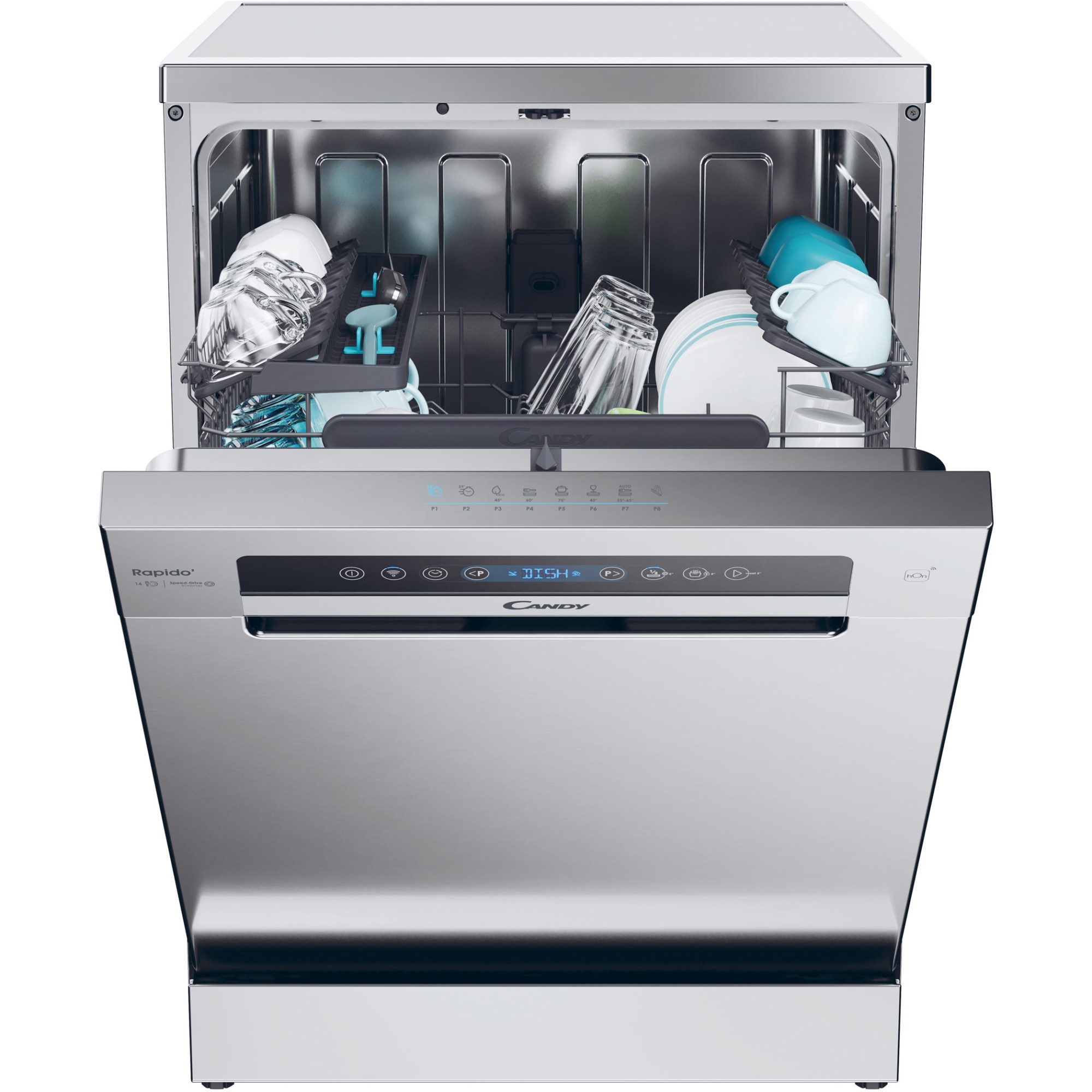 Masina de spalat vase Candy Rapido CF 4C6F0X, 14 seturi, 8 programe, Clasa C, Wi-Fi, Wash & Dry 35', Motor Speed-Drive Inverter, Automatic Open Door, 60 cm, Inox