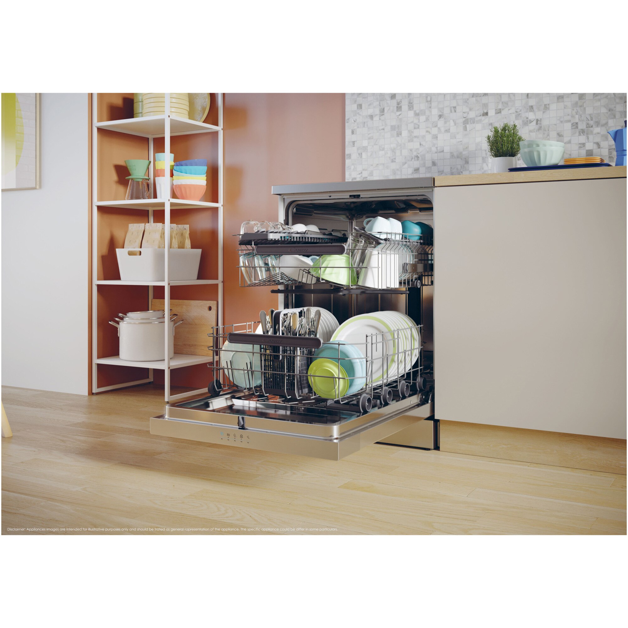 Masina de spalat vase Candy Rapido CF 4C6F0X, 14 seturi, 8 programe, Clasa C, Wi-Fi, Wash & Dry 35', Motor Speed-Drive Inverter, Automatic Open Door, 60 cm, Inox