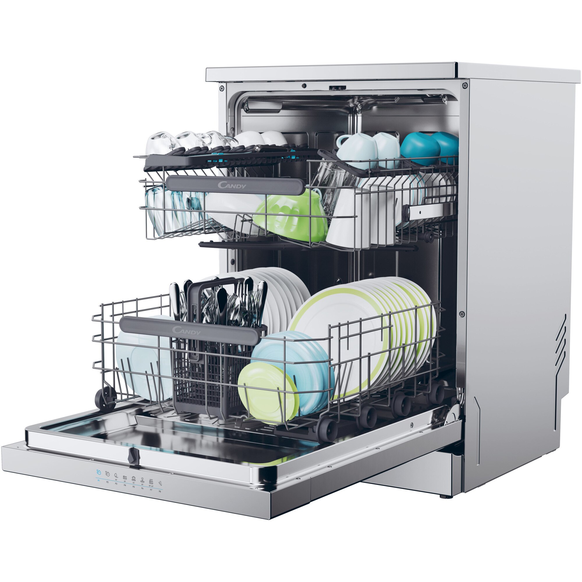 Masina de spalat vase Candy Rapido CF 4C6F0X, 14 seturi, 8 programe, Clasa C, Wi-Fi, Wash & Dry 35', Motor Speed-Drive Inverter, Automatic Open Door, 60 cm, Inox