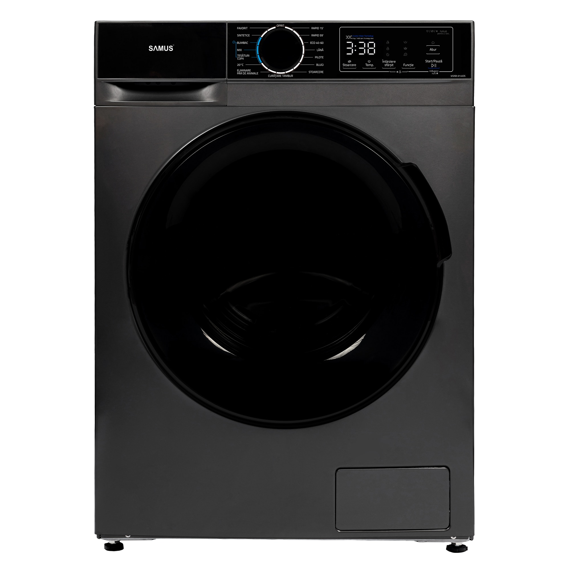 Masina de spalat rufe Samus WSADI-8145DS, 8 kg, 15 programe, Motor inverter, 1400 rotatii, Clasa energetica A, Prespalare, Extra Clatire, Gri inchis
