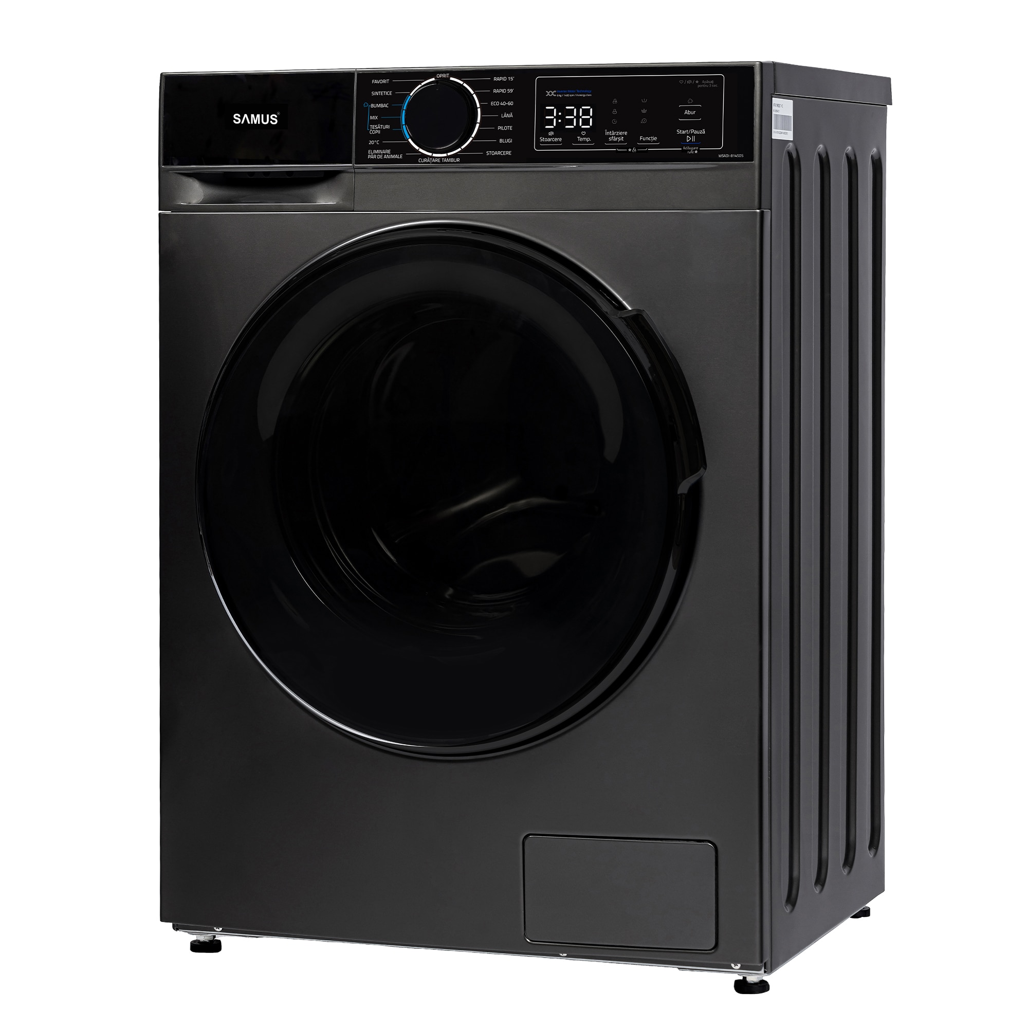 Masina de spalat rufe Samus WSADI-8145DS, 8 kg, 15 programe, Motor inverter, 1400 rotatii, Clasa energetica A, Prespalare, Extra Clatire, Gri inchis