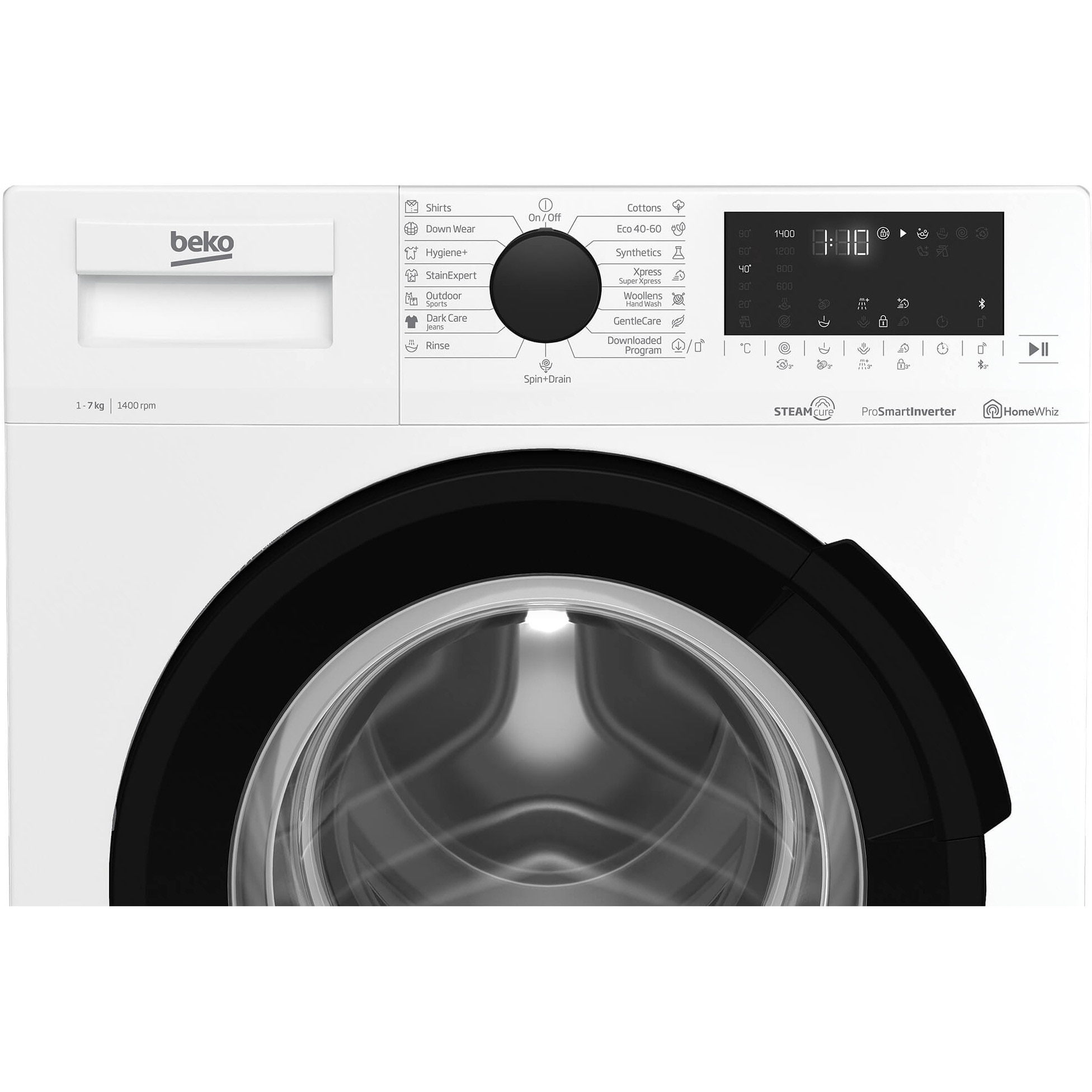 Masina de spalat rufe Beko WUE7726XWST, 7 kg, 1400 rpm, Clasa B, Motor ProSmart Inverter, HomeWhiz Bluetooth, SteamCure, Remote Control, AddXtra, Aquawave, Silent Tech, Alb