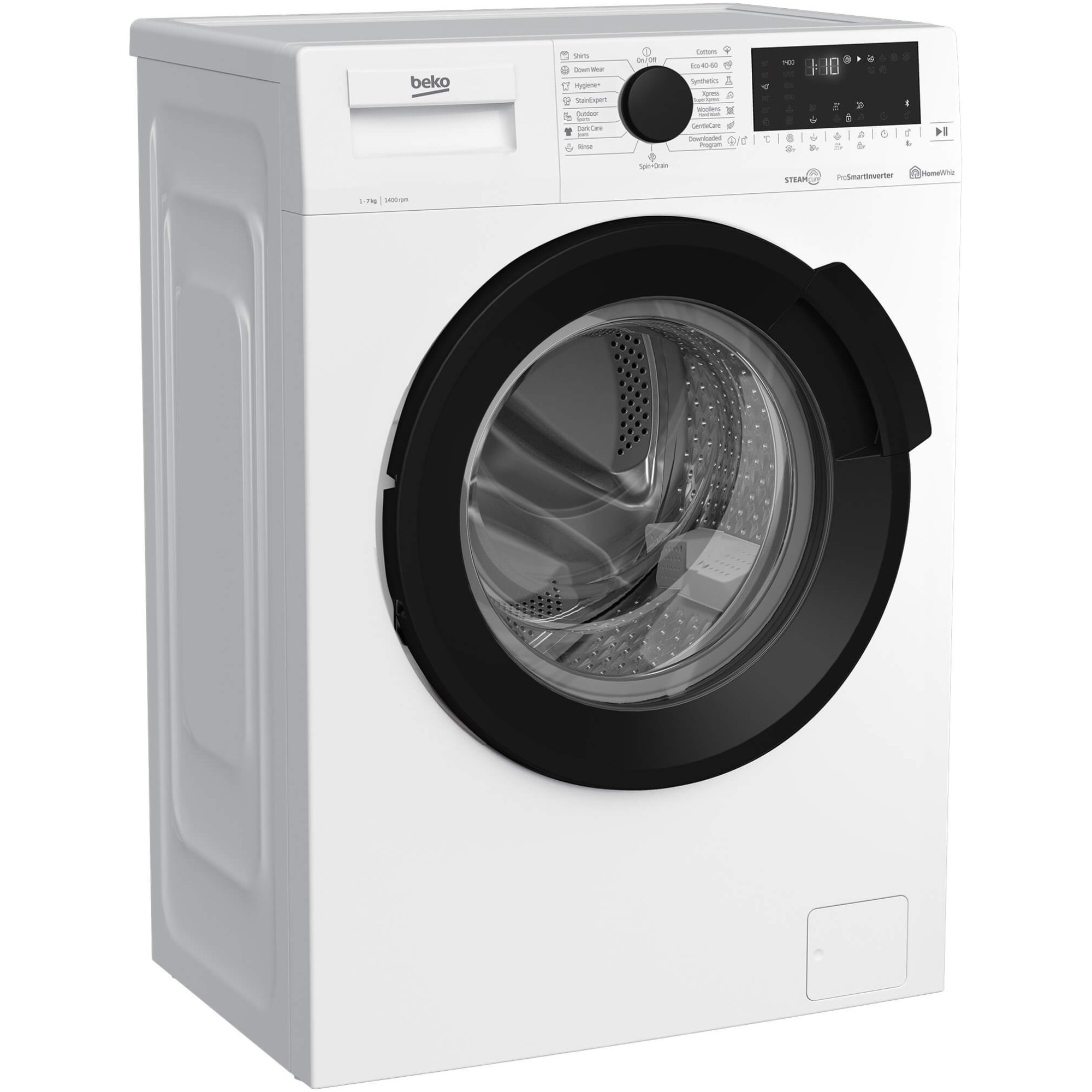 Masina de spalat rufe Beko WUE7726XWST, 7 kg, 1400 rpm, Clasa B, Motor ProSmart Inverter, HomeWhiz Bluetooth, SteamCure, Remote Control, AddXtra, Aquawave, Silent Tech, Alb