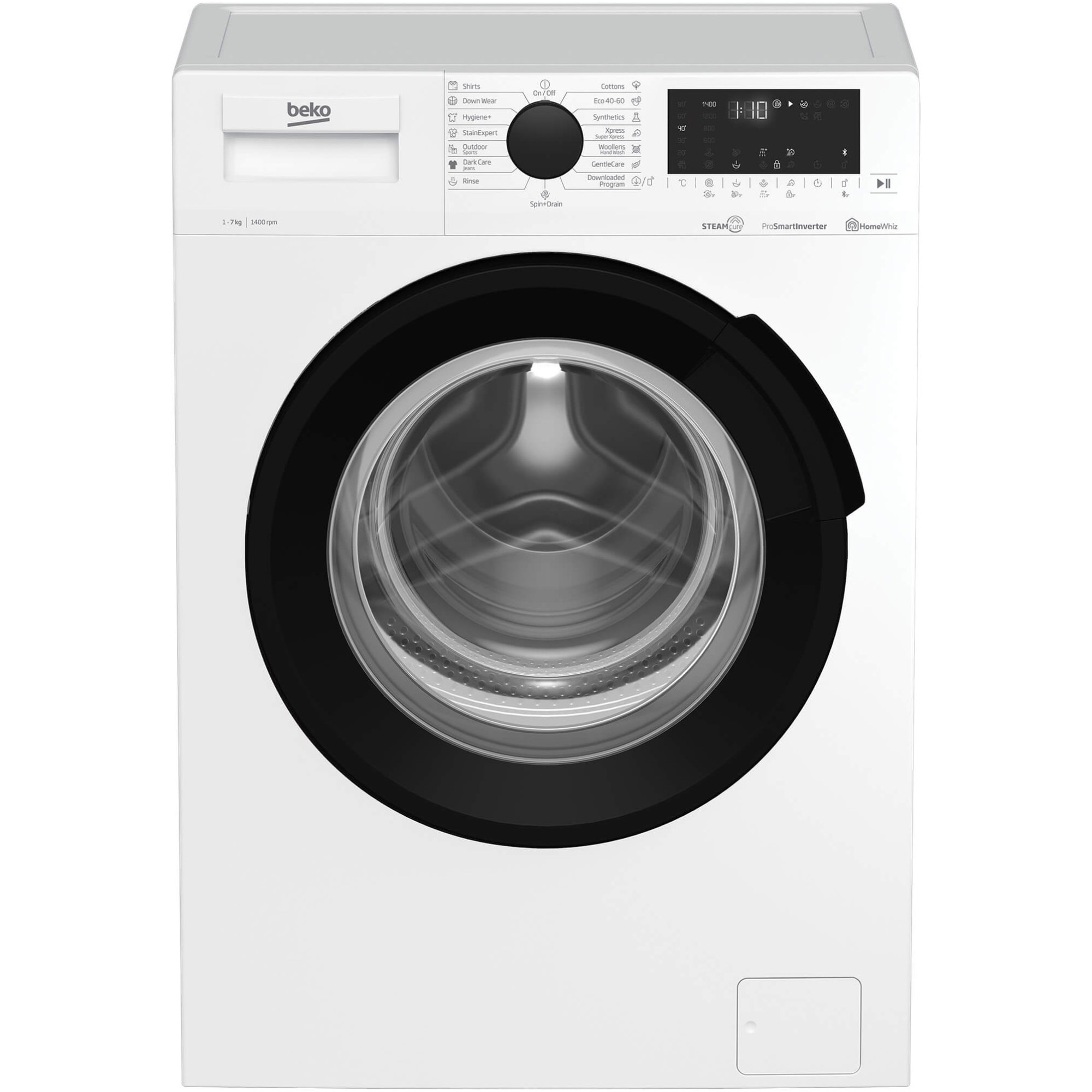 Masina de spalat rufe Beko WUE7726XWST, 7 kg, 1400 rpm, Clasa B, Motor ProSmart Inverter, HomeWhiz Bluetooth, SteamCure, Remote Control, AddXtra, Aquawave, Silent Tech, Alb