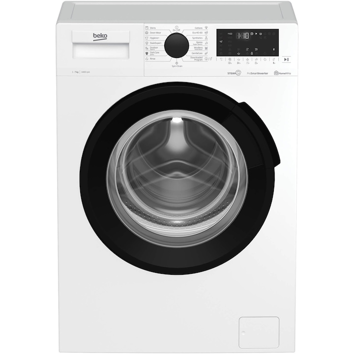 Masina de spalat rufe Beko WUE7726XWST, 7 kg, 1400 rpm, Clasa B, Motor ProSmart Inverter, HomeWhiz Bluetooth, SteamCure, Remote Control, AddXtra, Aquawave, Silent Tech, Alb