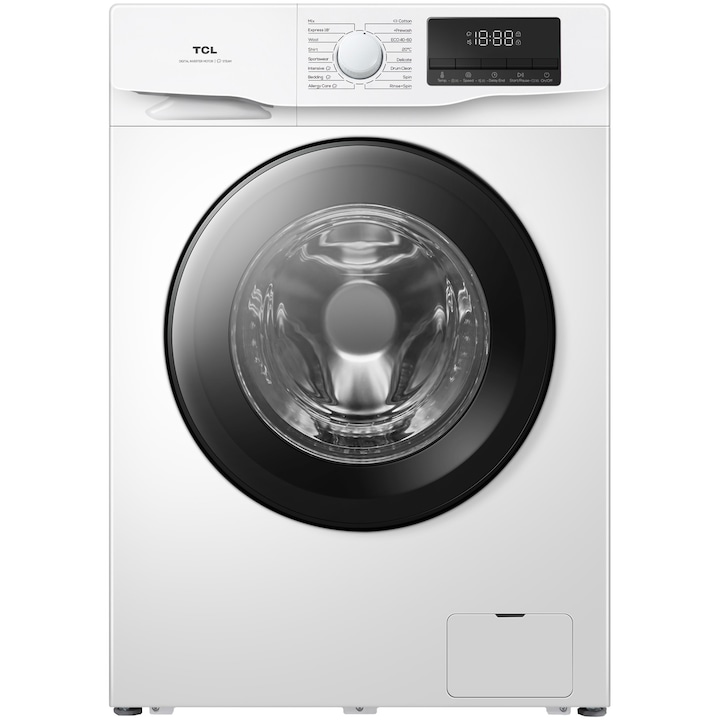 Masina de spalat rufe TCL FF0814WA1, 8 kg, 1400 RPM, Clasa A, Motor Inverter, Steam Wash, Drum Clean, 24 Hour Delay, Honeycomb Drum, Quick Wash 18 min, Add Garment, 16 Programe, Alb