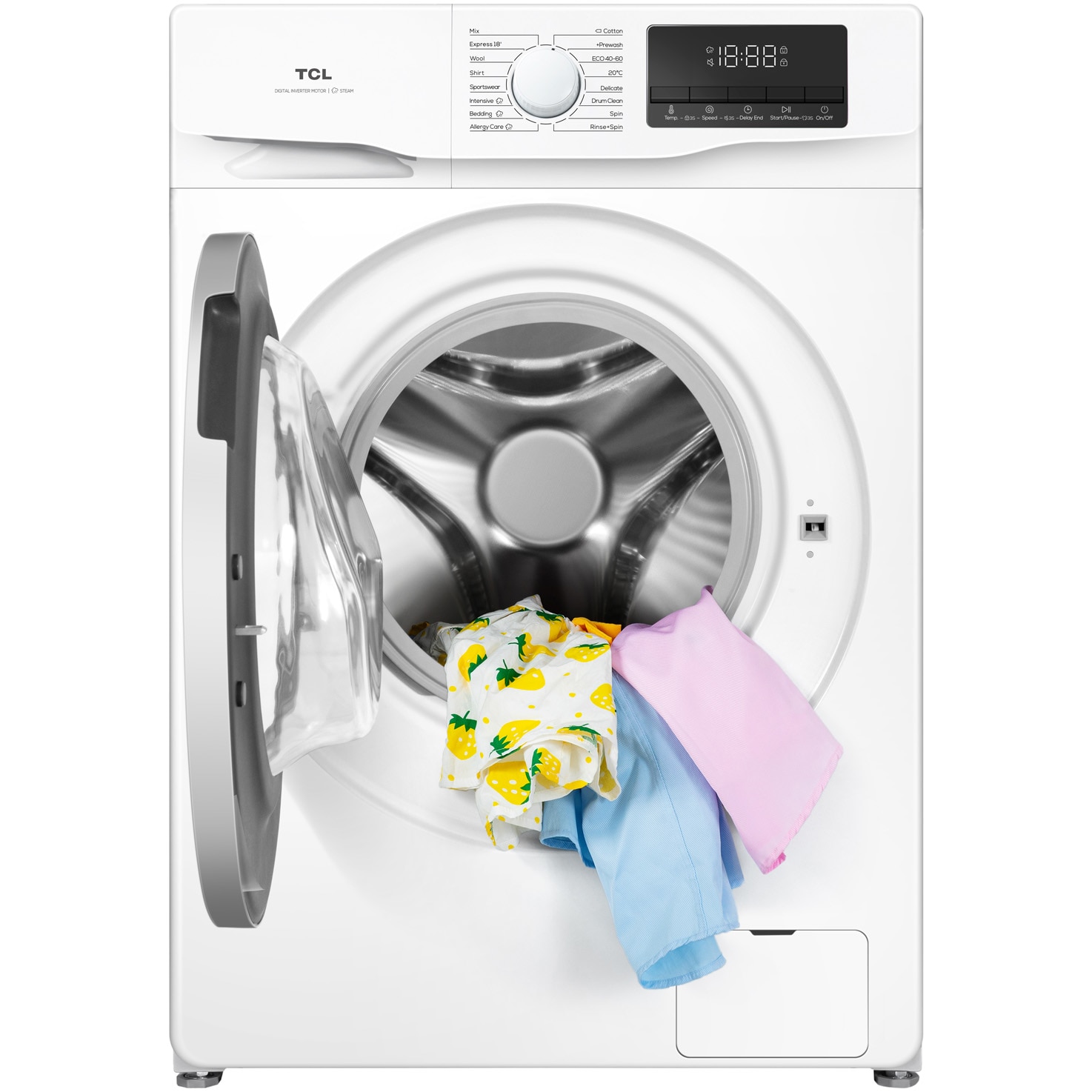 Masina de spalat rufe TCL FF0814WA1, 8 kg, 1400 RPM, Clasa A, Motor Inverter, Steam Wash, Drum Clean, 24 Hour Delay, Honeycomb Drum, Quick Wash 18 min, Add Garment, 16 Programe, Alb