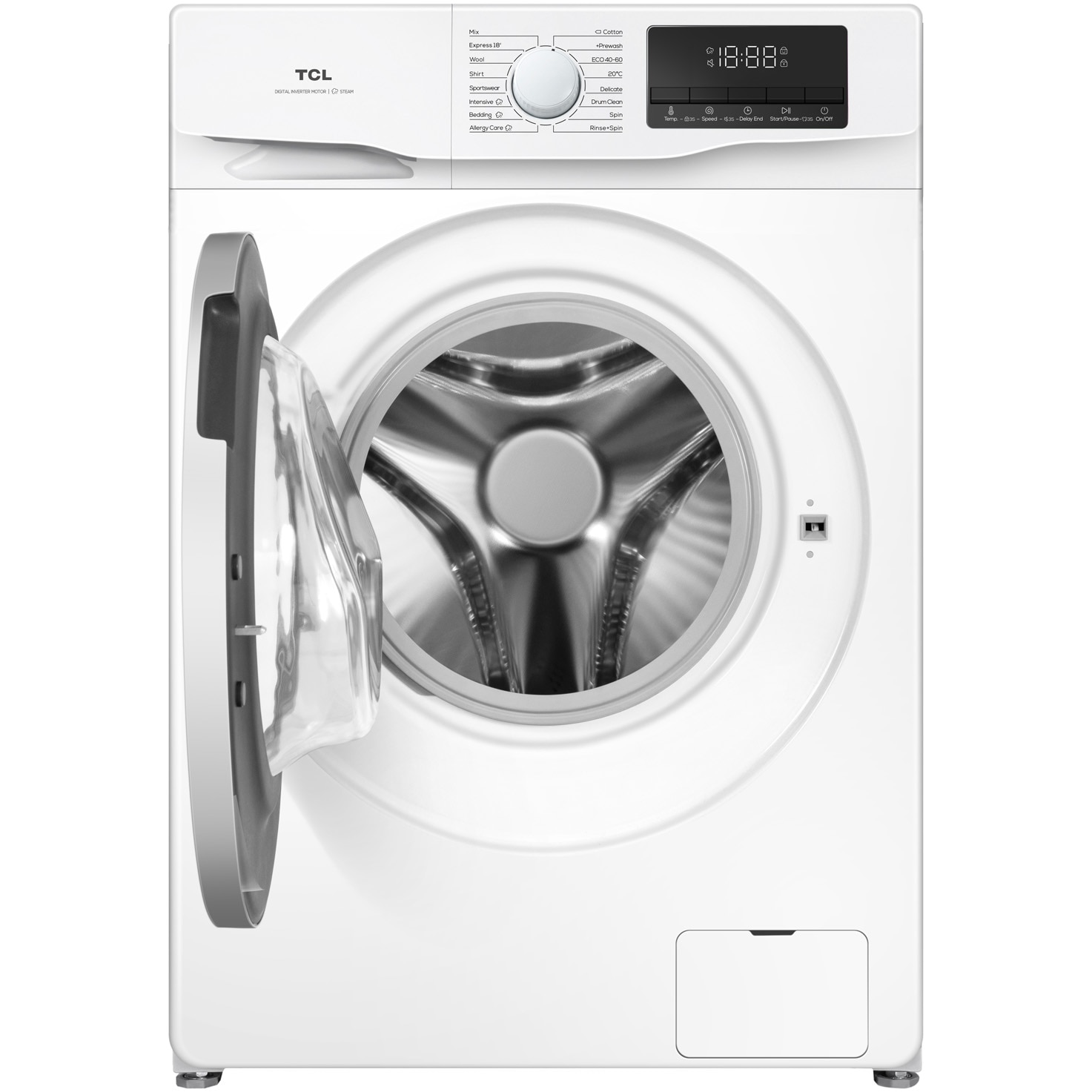 Masina de spalat rufe TCL FF0814WA1, 8 kg, 1400 RPM, Clasa A, Motor Inverter, Steam Wash, Drum Clean, 24 Hour Delay, Honeycomb Drum, Quick Wash 18 min, Add Garment, 16 Programe, Alb