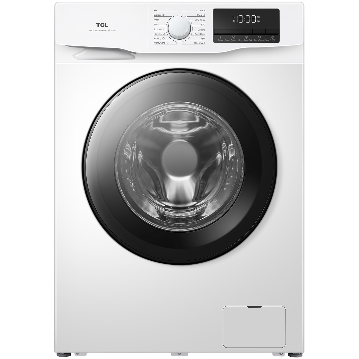 Masina de spalat rufe TCL FF0814WA1, 8 kg, 1400 RPM, Clasa A, Motor Inverter, Steam Wash, Drum Clean, 24 Hour Delay, Honeycomb Drum, Quick Wash 18 min, Add Garment, 16 Programe, Alb