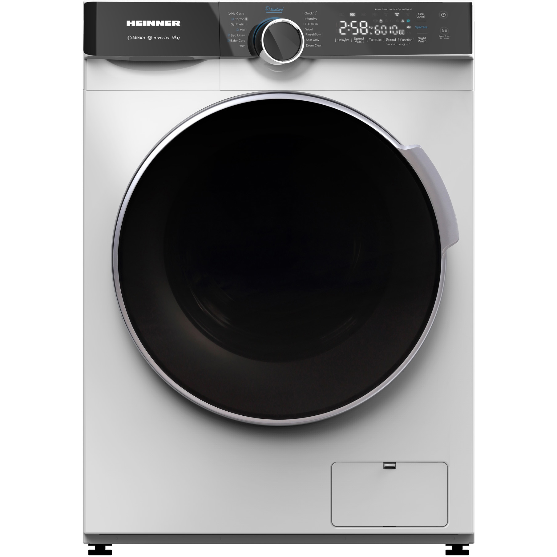 Masina de spalat rufe Heinner HWM-M914IVKA+++, 9kg, 1400 rpm, Clasa A, Motor inverter, 14 programe, Control touch, Display digital, Program rapid 15 min, Program spalare steam, Program baby care, Program sterilizare, Prespalare, Functie adaugare rufe, Alb