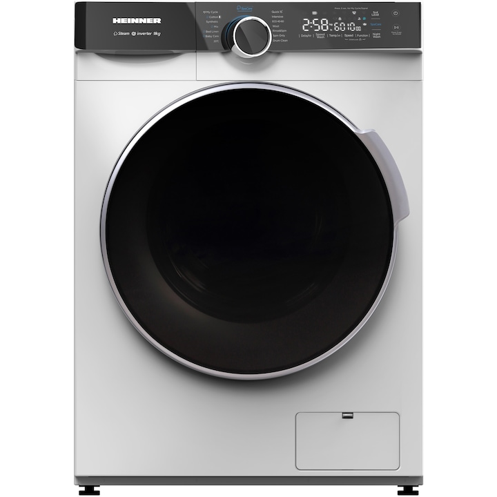 Masina de spalat rufe Heinner HWM-M914IVKA+++, 9kg, 1400 rpm, Clasa A, Motor inverter, 14 programe, Control touch, Display digital, Program rapid 15 min, Program spalare steam, Program baby care, Program sterilizare, Prespalare, Functie adaugare rufe, Alb