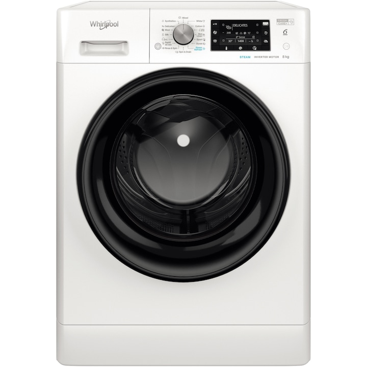 Masina de spalat rufe Whirlpool FreshCare+ FFD8648BVEE, 8 kg, 1600 RPM, Clasa C, Steam Refresh, Steam Hygiene, Tehnologia al-6lea Simt, Motor Inverter, Display LCD, Alb