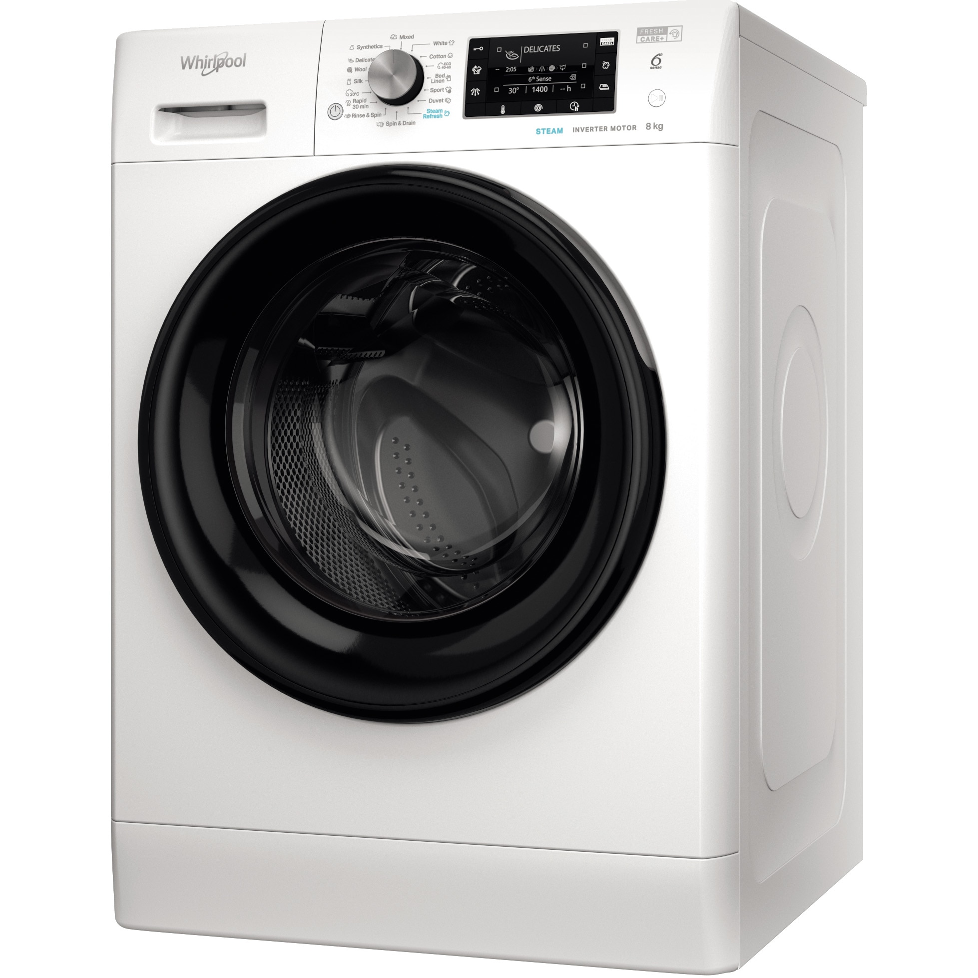 Masina de spalat rufe Whirlpool FreshCare+ FFD8648BVEE, 8 kg, 1600 RPM, Clasa C, Steam Refresh, Steam Hygiene, Tehnologia al-6lea Simt, Motor Inverter, Display LCD, Alb