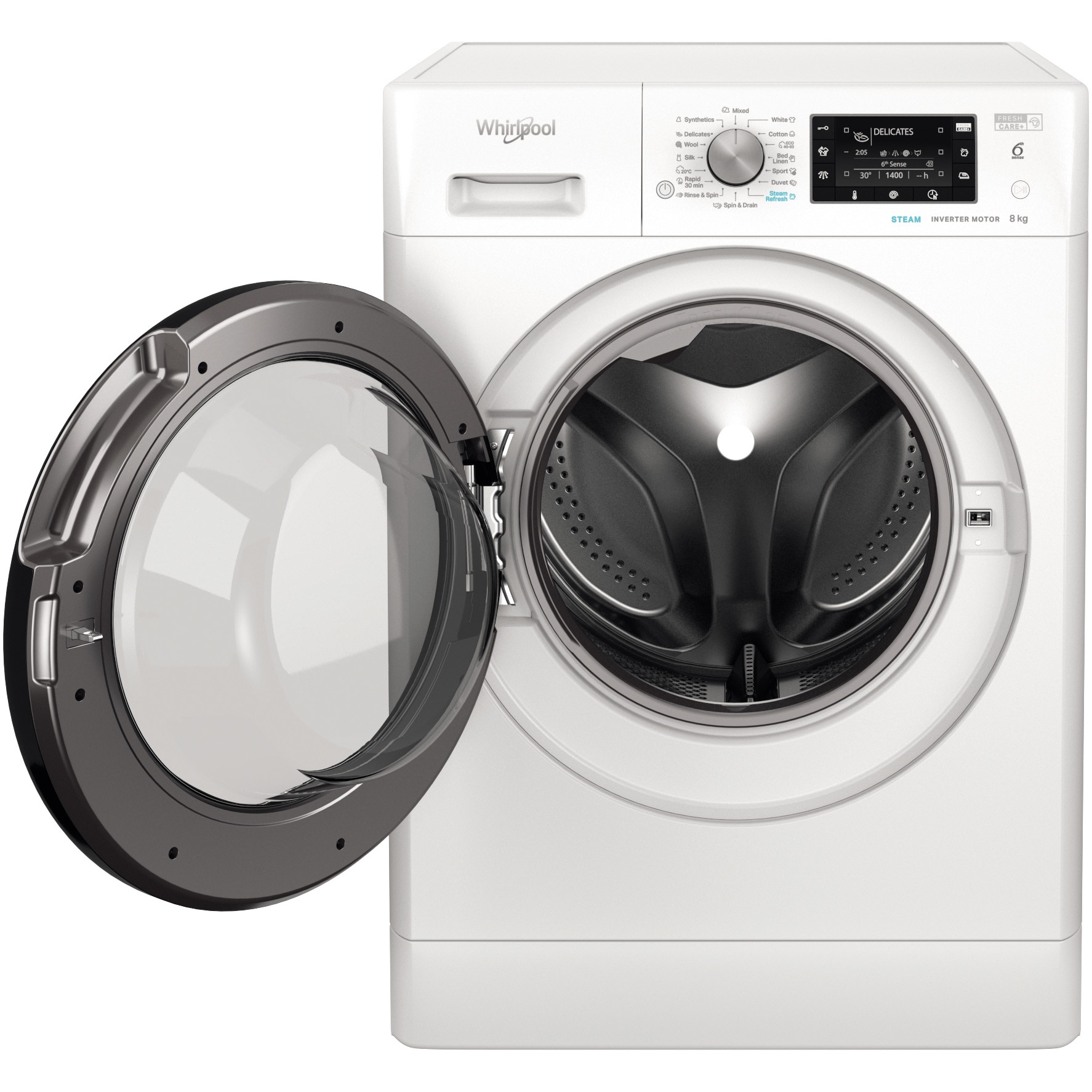 Masina de spalat rufe Whirlpool FreshCare+ FFD8648BVEE, 8 kg, 1600 RPM, Clasa C, Steam Refresh, Steam Hygiene, Tehnologia al-6lea Simt, Motor Inverter, Display LCD, Alb