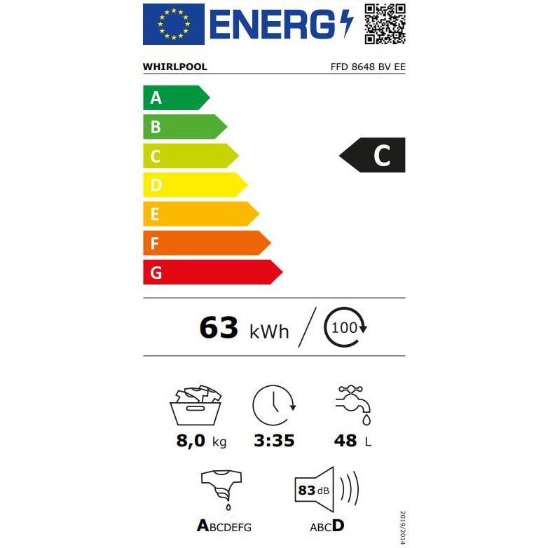 Masina de spalat rufe Whirlpool FreshCare+ FFD8648BVEE, 8 kg, 1600 RPM, Clasa C, Steam Refresh, Steam Hygiene, Tehnologia al-6lea Simt, Motor Inverter, Display LCD, Alb