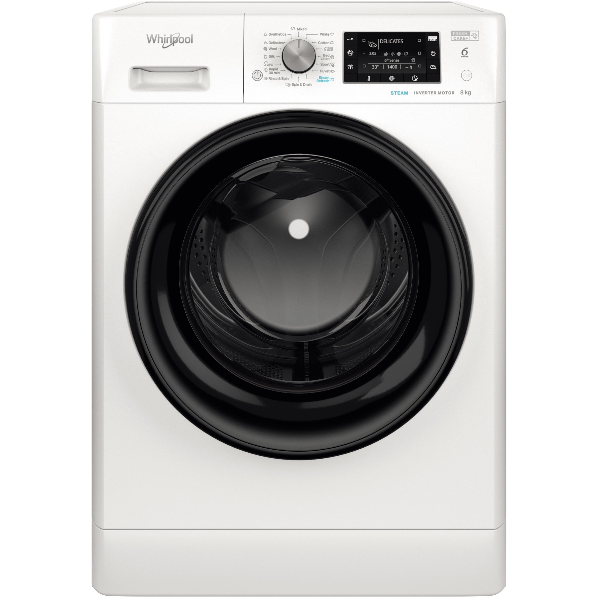 Masina de spalat rufe Whirlpool FreshCare+ FFD8648BVEE, 8 kg, 1600 RPM, Clasa C, Steam Refresh, Steam Hygiene, Tehnologia al-6lea Simt, Motor Inverter, Display LCD, Alb