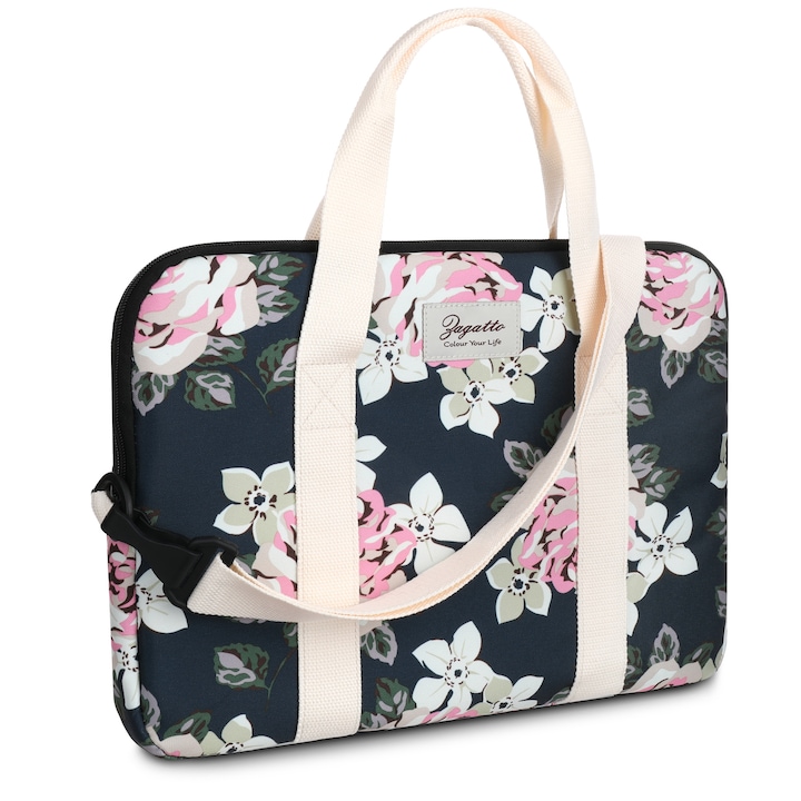 Geanta laptop dama, 15.6 inch, Zagatto®, Albastra, 40x32x3 cm, Model floral, Impermeabila, Eleganta, Curea de umar reglabila si detasabila, Buzunar frontal cu fermoar, Pentru notebook, Compatibila Macbook Pro, Air, ZG678